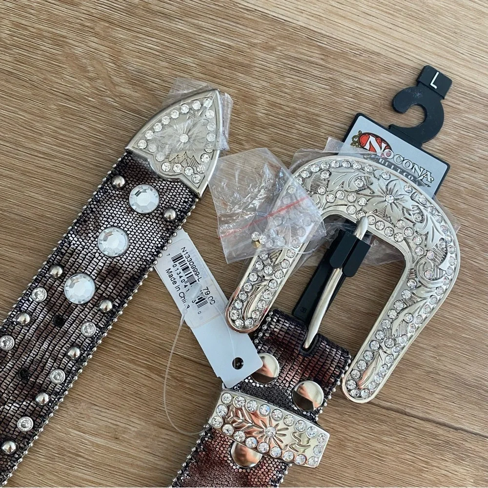 Nocona Belt Co Snake and Cross Rhinestone Leather Belt NEW